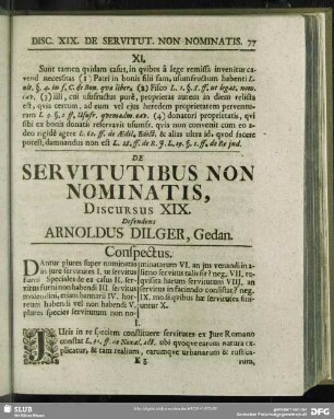De Servitutibus Non Nominatis, Discursus XIX. Defendens Arnoldus Dilger, Gedan.