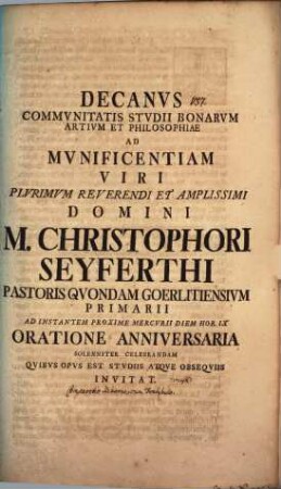Decanus communitatis studii bonarum artium et philosophiae ad munificentiam viri ... M. Christophori Seyferthi ... oratione anniversaria solenniter celebrandam ... invitat : [atque simul Deboram cum Trasybulo comparat]