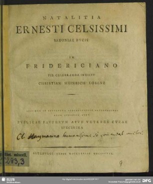 Natalitia Ernesti Celsissimi Saxoniae Ducis : Desumta Ab Exstructo Ptochotropheo Alteburgensi Ansa Subiecta Sunt Publicae Pauperum Apud Veteres Curae Specimina