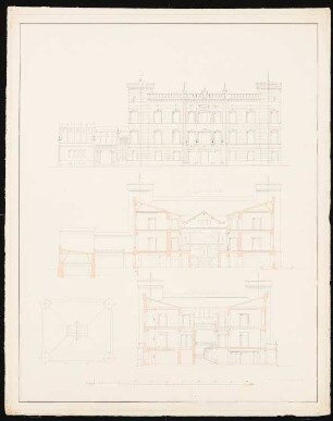 Zweigeschossiges Schloss im neogotischen Stil: Vorderansicht, Schnitte, Dachaufsicht