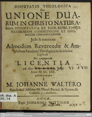 Disputatio de unione duarum in Christo naturarum hypostatica