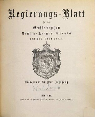 Regierungsblatt für Sachsen-Weimar-Eisenach : auf das Jahr .... 1883 = Jg. 67