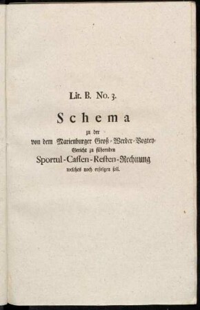Lit. B. No. 3. Schema zu der von dem Marienburger Groß-Werder Vogtey-Gericht zu führenden Sportul-Cassen-Resten-Rechnung welches noch erfolgen soll