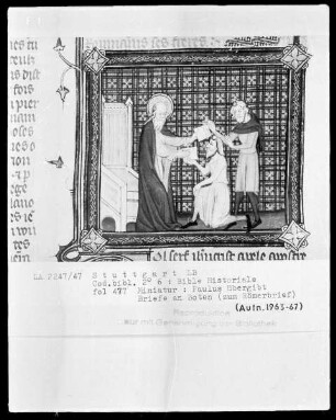 Bible Historiale — Paulus übergibt Briefe an Boten (zum Römerbrief), Folio 477recto