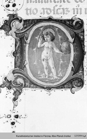 Missale Romanum : Buchseite mit Text und historisierter Initiale D: Segnendes Christuskind