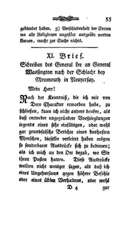 XI. Brief - Schreiben des General Lee an Wassington nach der Schlacht bey Monmouth