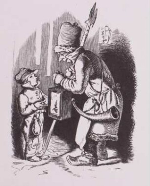 Nachtwächter, den Knaben tröstend