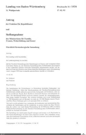 Antrag der Republikaner: Fürstlich-Fürstenbergische Sammlung