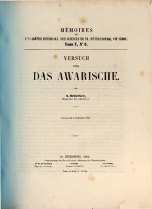 Versuch über das Awarische von Anton Schiefner : (Aus den Mémoires de l'Acad. impér. des sciences de St.-Pétersb., 7. Série, tome V, No 8)