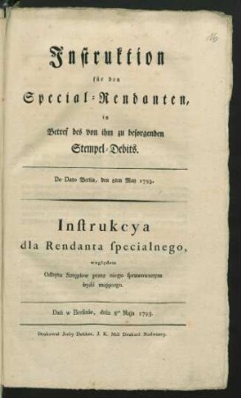 Instruktion für den Special-Rendanten, in Betref des von ihm zu besorgenden Stempel-Debits : De Dato Berlin, den 8ten May 1793