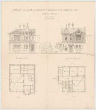 Thiersch, August ; München - Nymphenburg; Kleines Wohnhaus mit Atelier - Grundrisse, Ansichten