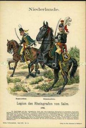 Uniformdarstellung, Offizier der Husaren und Offizier der Kürassiere eines Freikorps, Vereinigte Niederlande, 1785.
