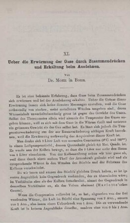 XI. Ueber die Erwärmung der Gase durch Zusammendrücken und Erkältung beim Ausdehnen.