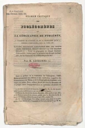 "Examen Critique des Prolégomènes de la Géographie de Ptolémée"