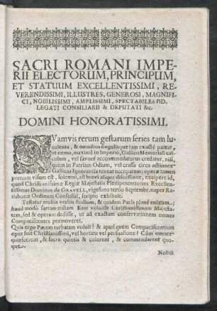 Sacri Romani Imperii Electorum, Principum, ... Domini Honoratissimi.