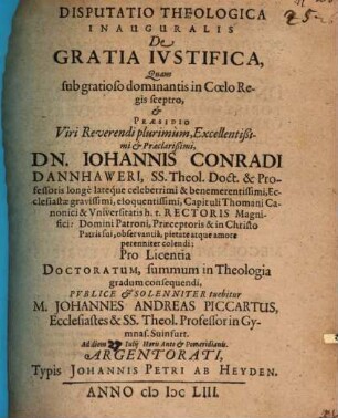 Disputatio Theologica Inauguralis De Gratia Ivstifica