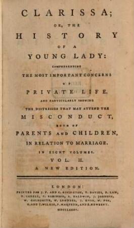 Clarissa; Or, The History Of A Young Lady : Comprehending The Most Important Concerns Of Private Life. And Particularly Shewing The Distresses That May Attend The Misconduct, Both Of Parents And Children, In Relation To Marriage ; In Eight Volumes. 2
