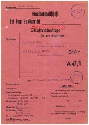 Angeklagte: Wendel, Eugen Wilhelm (Malermeister); Heitersheim *18.07.1907 in Heitersheim; + ? Schäuble, Albert (Invalide); Heitersheim *18.12.1880 in Bickenbach; + ? Delikt: Verbrechen gegen die Kriegswirtschaftsverordnung Schwarzschlachtung Tatort: Heitersheim Tatzeit: Mai 1942-Oktober 1942