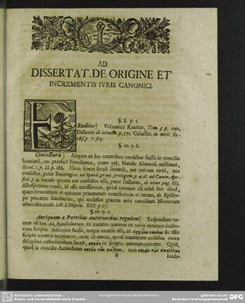 Ad Dissertat. De Origine Et Incrementis Iuris Canonici