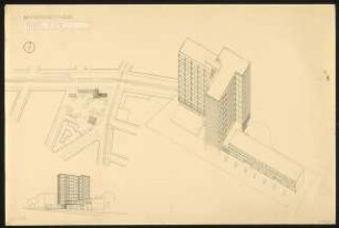 Appartementhaus: Lageplan 1:1000, perspektivische Ansicht und perspektivische Ansicht (Vogelschau) 1:200