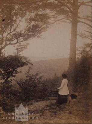 Dame im Wald an einem Ausblick