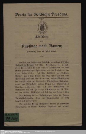 Einladung zum Ausfluge nach Kamenz Sonntag den 31. Mai 1896