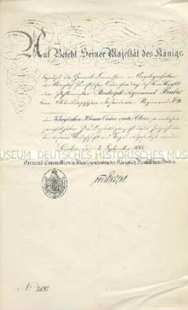 Beglaubigungsschreiben über den Besitz des Königlichen Kronen-Ordens 4. Klasse an den Zahlmeister Rudolph Heubes; Berlin, 7. Sept. 1881