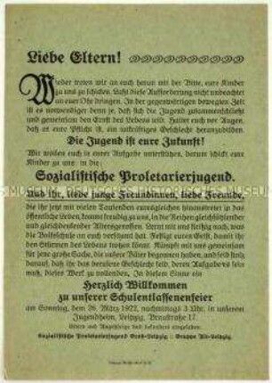 Propagandaflugblatt einer proletarischen Jugendvereinigung mit Ausrichtung auf die Eltern von Jugendlichen zur Mitgliederwerbung