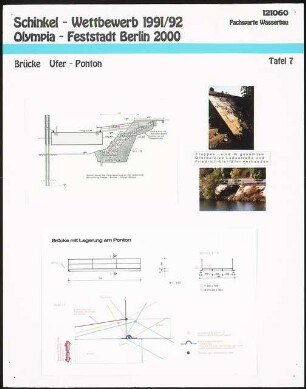 Museumshafen im Humboldthafen, Berlin Schinkelwettbewerb 1992: Brücke, Ufer, Ponton: Fotos, Schnitt durch die Hafenböschung an der Ladestraße, Brücke mit Lagerung am Ponton: Schnitt 1:100, Detail