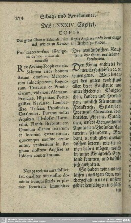 Das LXXXIV. Capitel, Copie Der great Charter Eduardi Primi Regis Angliae, nach dem original, wie es zu Londeon im Archiv zu finden