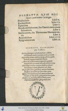 Poematum Quae Hoc Opere continentur Catalogus.