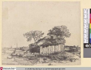 [Eine Hütte mit weißem Zaun; Cottage with a White Paling; La chaumiere entourée de planches]