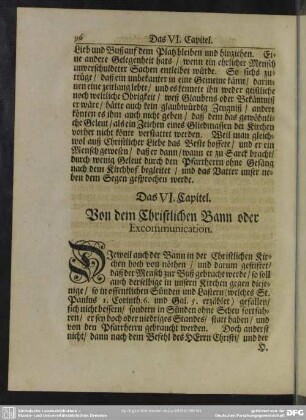 Das VI. Capitel. Von dem Christlichen Bann oder Excommunication