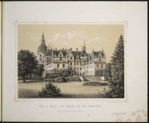 [Bl. 13] : Park zu Muskau. Das Schloss von der Südostseite, Stahlstich, um 1867 : Ansichten aus dem Park zu Muskau / [Naturz. u. lith. v. Arldt]. - Muskau i./d. Ober-Lausitz : Ahner ; Dresden : Braunsdorf , [circa 1867]. - [22] Bl. : überw. Ill. ; quer-8°. - Ausg. mit 21 Stahlstichen