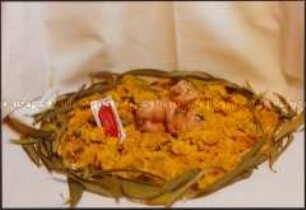 Sich paarende Schweinefigur mit Kondomen zwischen Huflattich (Altersgruppe 14-17)