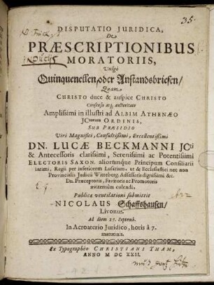 Disputatio Iuridica, De Praescriptionibus Moratoriis, Vulgo Quinquenellen oder Anstandsbriefen