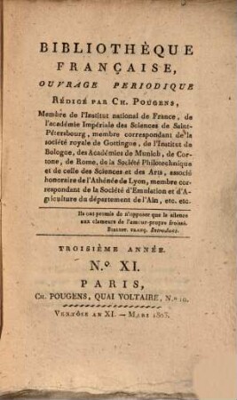 Bibliothèque française : ouvrage périodique. 3. 1803, 11 = März