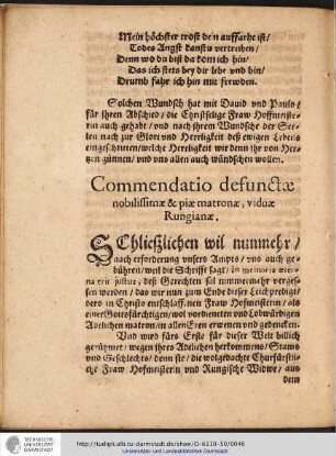 Commendatio defunctae nobilissimae & piae matronae, viduae Rungianae. SChlieszlichen wil nunmehr / ...