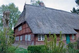 Hauptstraße 103: Fachhallenhaus mit Reetdach: Giebelseite Wohntrakt mit Vorkragung, Sprossenfenster, Giebelzier: Traufseite, Teilansicht Wohntrakt mit Tür: Bäume, Hecken: 9. Mai 2003