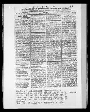 Titelblatt der Oberhessischen Zeitung, 44. Jahrgang, Nr. 226