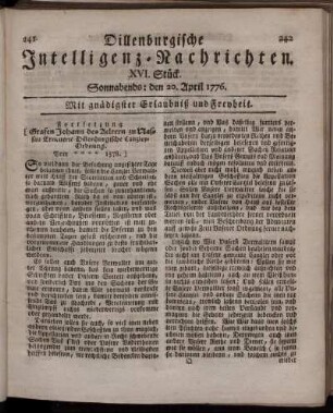 XVI. Stück: Sonnabends: den 20. April 1776.