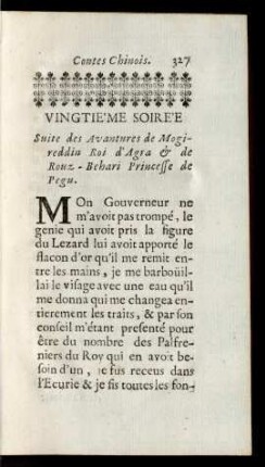 Vingtiéme Soirée. Suite des Avantures de Mogireddin Roy d'Agra & de Rouz-Behari Princeße de Pegu.