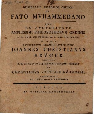 Dissertatio Historico Critica De Fato Mvhammedano