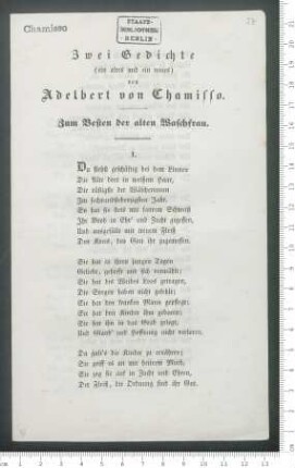 "Zwei Gedichte (ein altes und ein neues) von Adelbert von Chamisso. Zum Besten der alten Waschfrau"