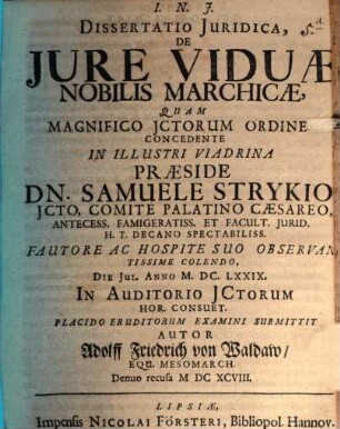 Dissertatio juridica, De jure viduae nobilis Marchicae