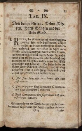 Tab. IX. Von denen Nieren, Neben-Nieren, Harn-Gängen und der Urin-Blase.