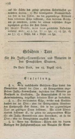 Gebühren-Taxe für die Justiz-Commissarien und Notarien in den Preußischen Staaten. De Dato Paris, den 23. August 1815.