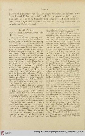 Literatur / Personalien / Sammlungen / Ausstellungen / Forschungen / Öffentliche Kunstpflege / Sitzungsberichte / Wettbewerbe / Verschiedenes