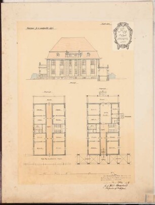 Erziehungsheim Schinkelwettbewerb 1909: Wohnheim für 6 unverheiratete Lehrer. Ansicht, Grundrisse 1:150