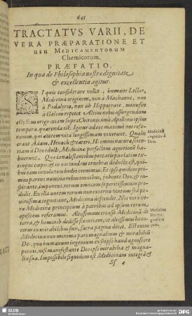 Tractatus Varii, De Vera Praeparatione Et Usu Medicamentorum Chemicorum